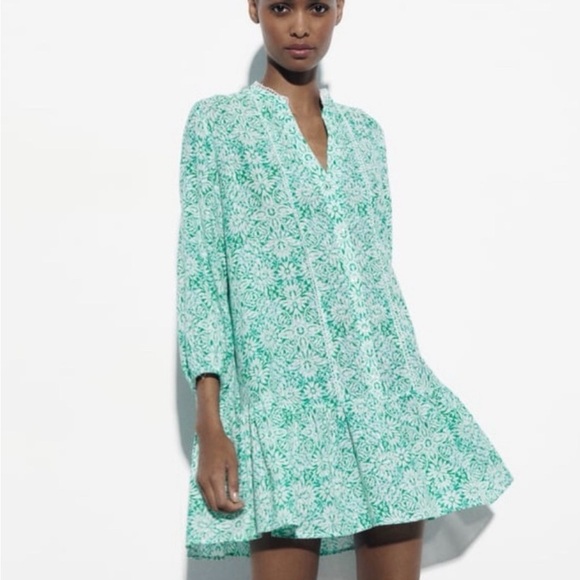 Zara Dresses & Skirts - Zara Green Floral Mini Dress Swimsuit Cover Up Flowy Boho Spring Summer